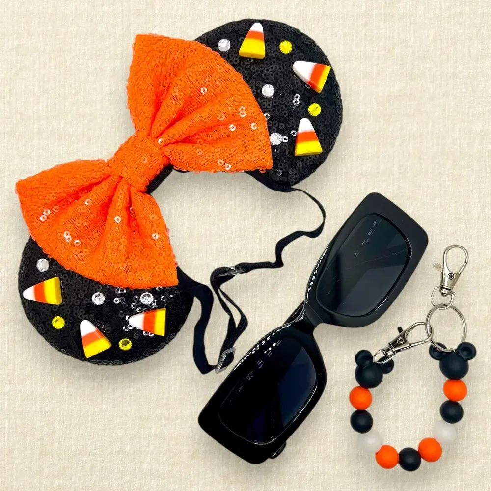 Elastic Black Sequin Candy Corn Minnie Ears | Disney-Inspired Mouse Ears